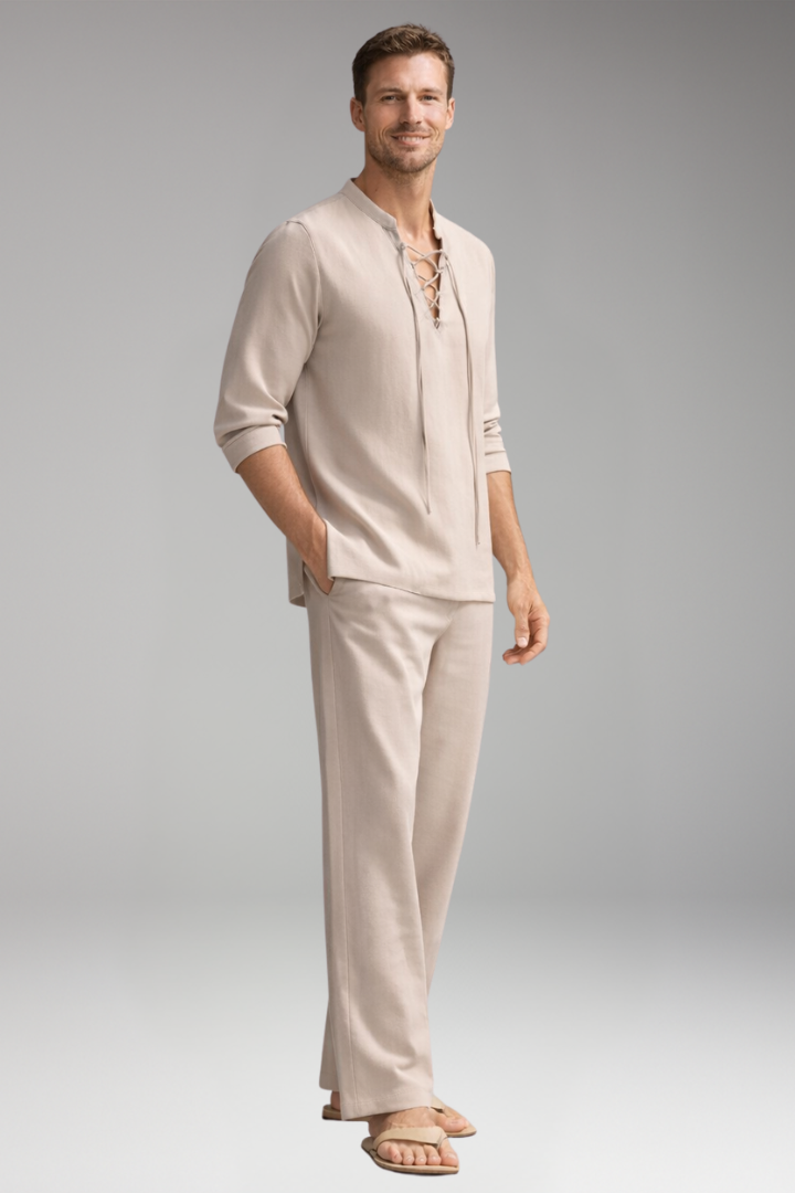 Men's Two-Piece Set with Lace-Up Shirt and Relaxed Fit Trousers