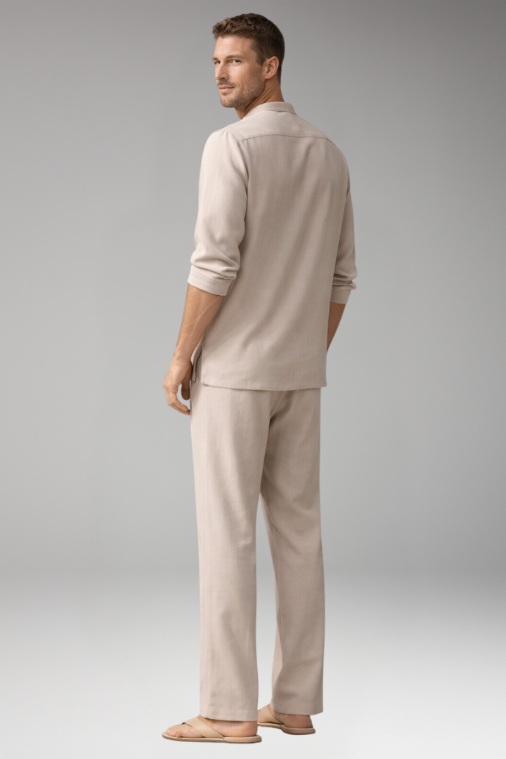 Men's Two-Piece Set with Lace-Up Shirt and Relaxed Fit Trousers