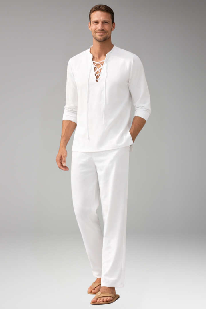 Men's Two-Piece Set with Lace-Up Shirt and Relaxed Fit Trousers