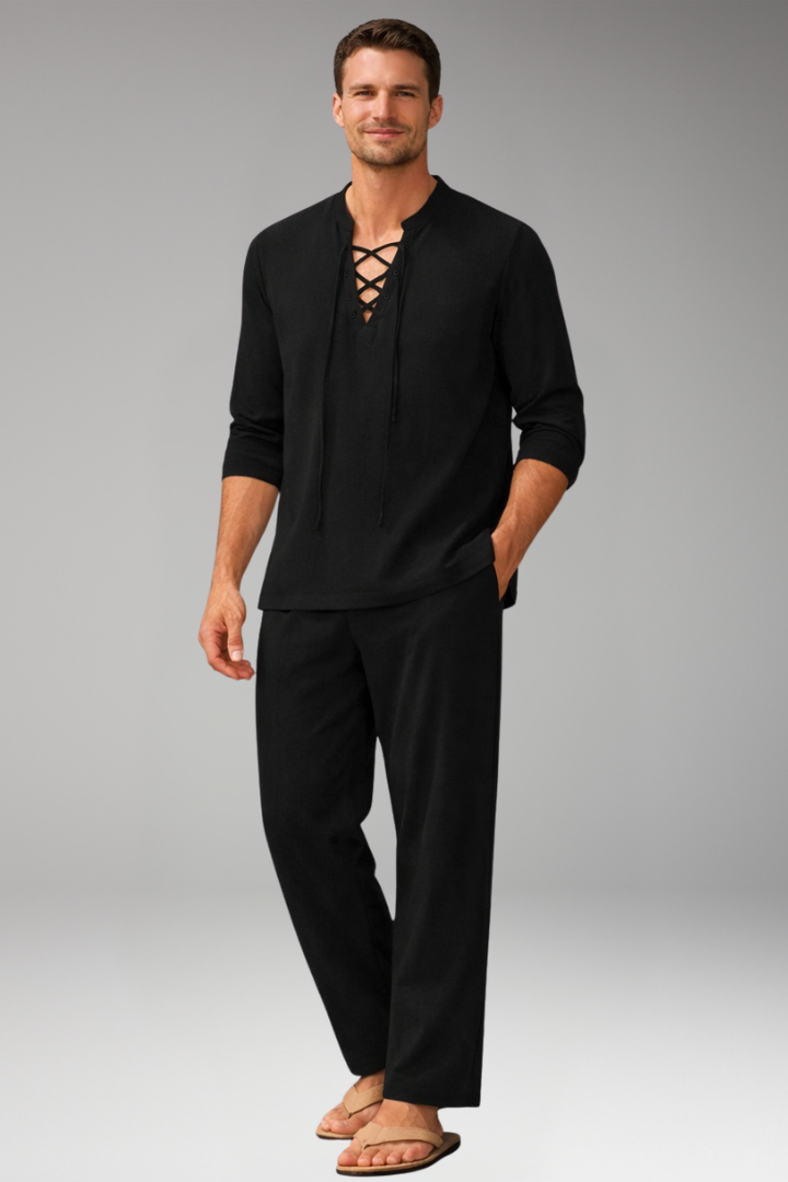 Men's Two-Piece Set with Lace-Up Shirt and Relaxed Fit Trousers