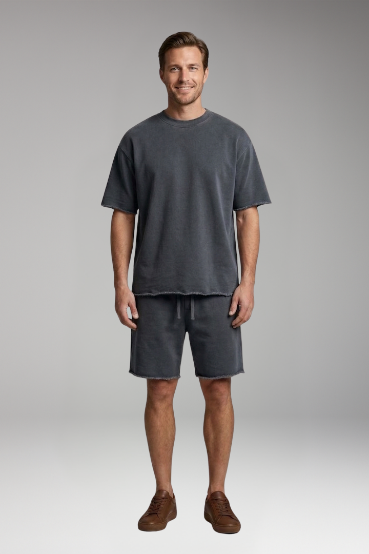Men's Two-Piece Set with Oversized Shirt and Drawstring Shorts