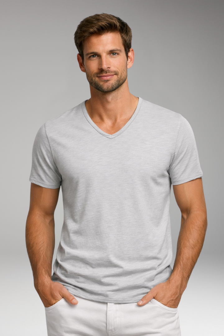 Men's V Neck T Shirt with Short Sleeves and Plain Surface