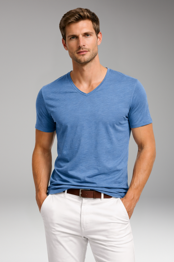 Men's V Neck T Shirt with Short Sleeves and Plain Surface