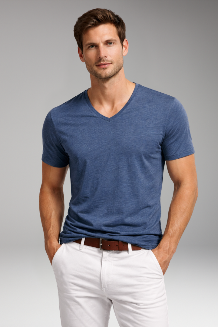 Men's V Neck T Shirt with Short Sleeves and Plain Surface