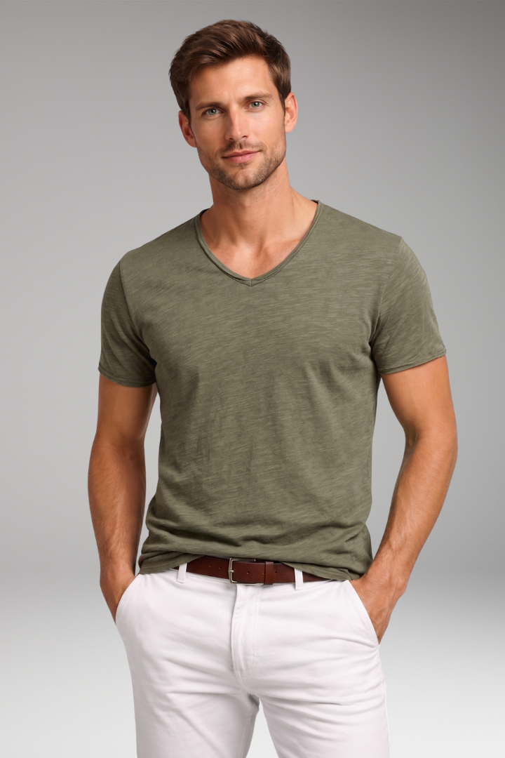 Men's V Neck T Shirt with Short Sleeves and Plain Surface