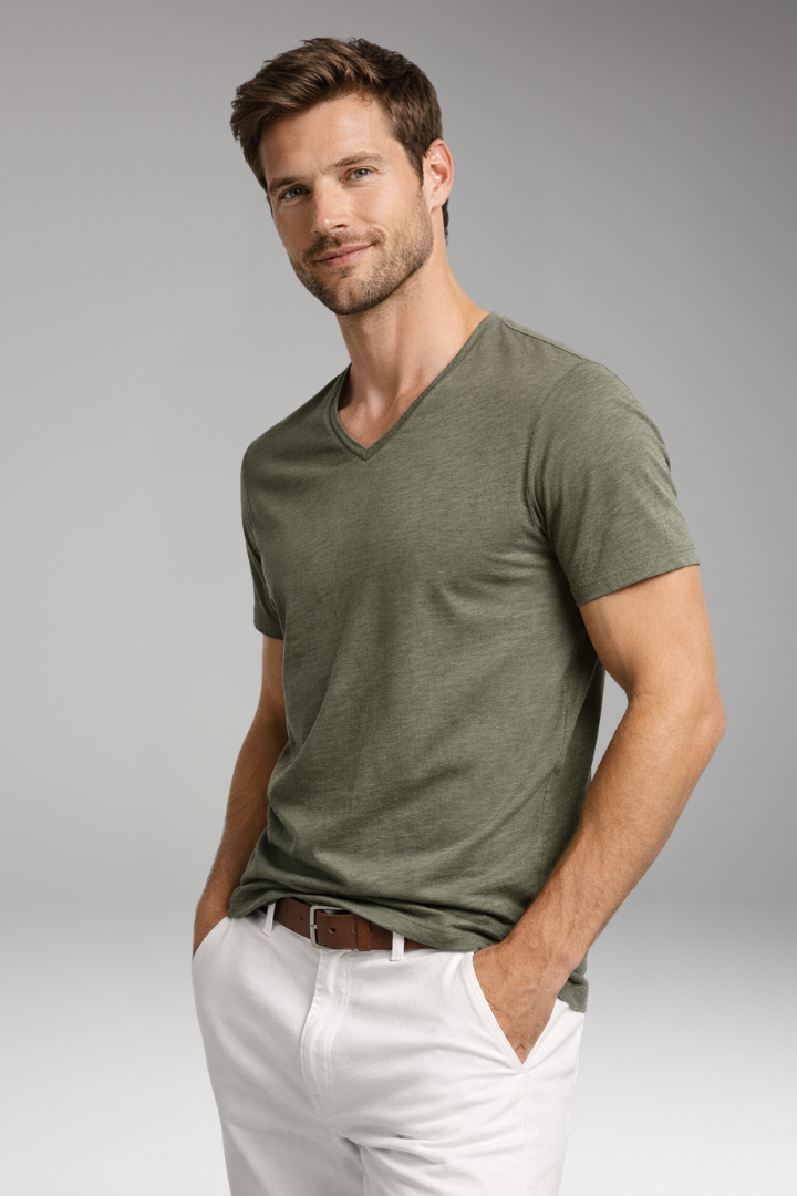 Men's V Neck T Shirt with Short Sleeves and Plain Surface