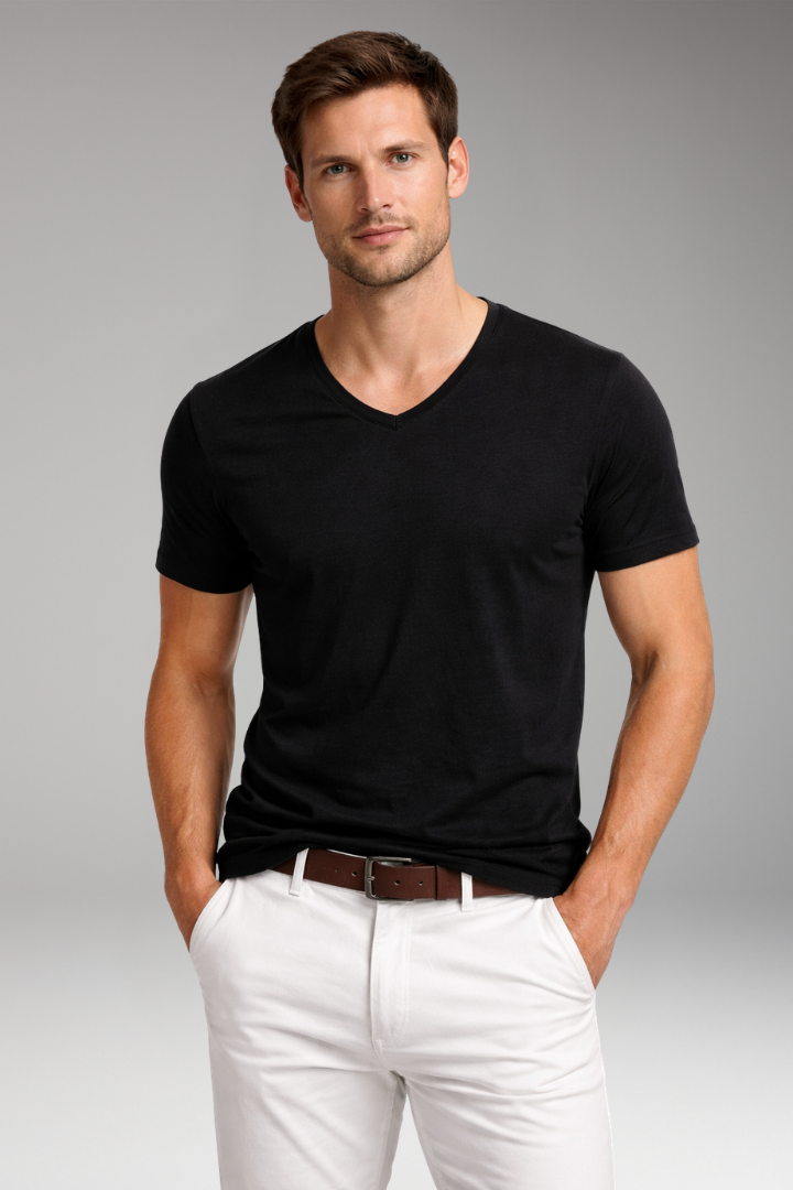 Men's V Neck T Shirt with Short Sleeves and Plain Surface