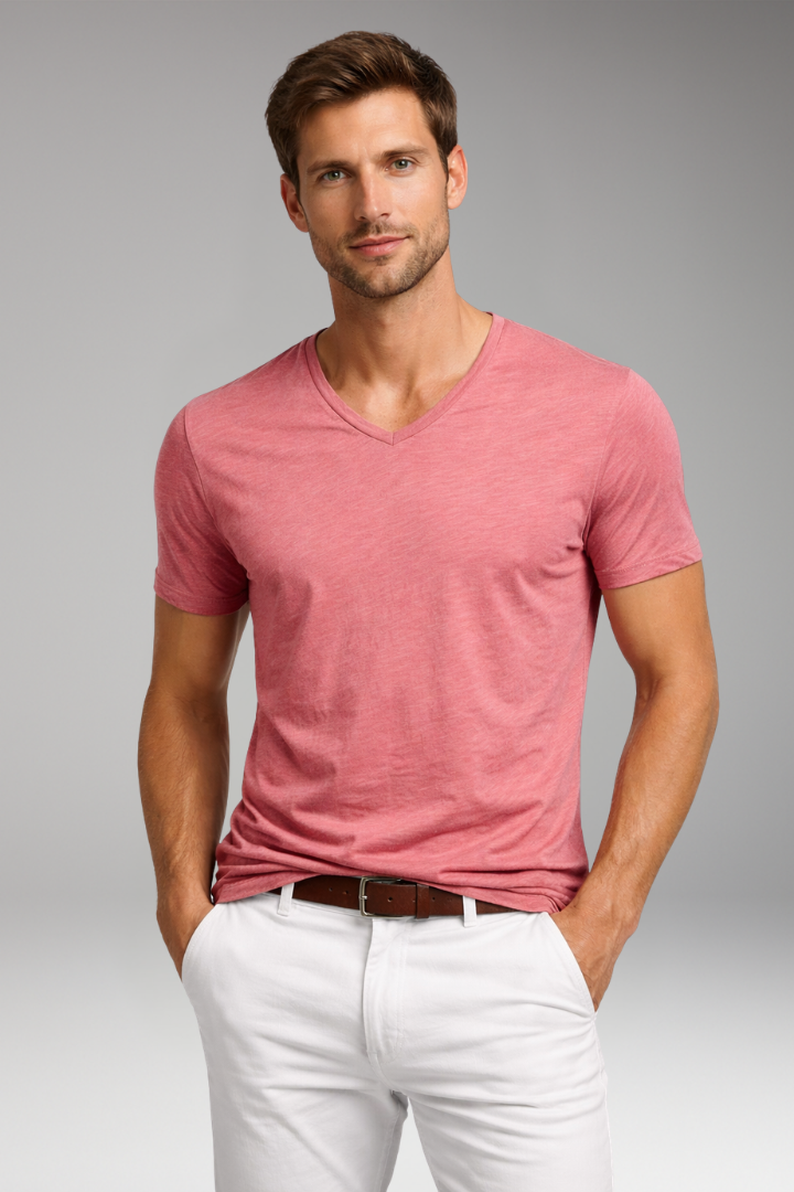 Men's V Neck T Shirt with Short Sleeves and Plain Surface