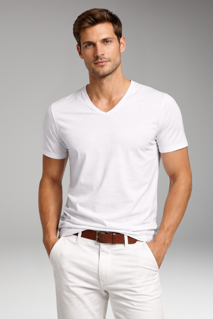 Men's V Neck T Shirt with Short Sleeves and Plain Surface