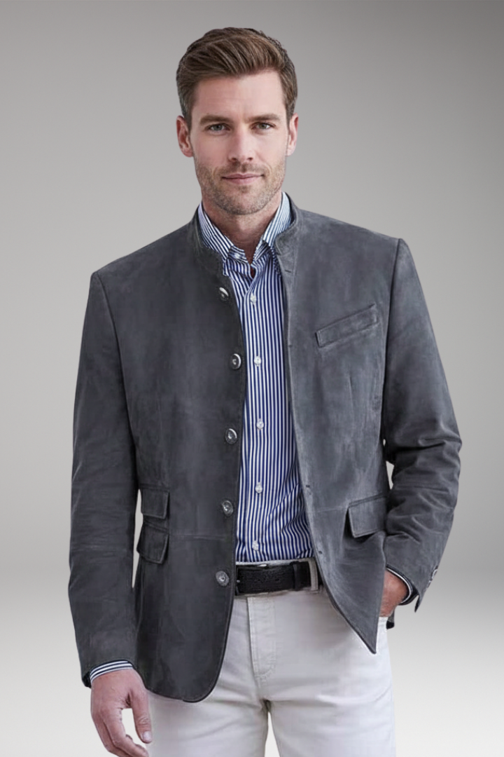 Men's Blazer with Stand Collar and Multiple Pockets