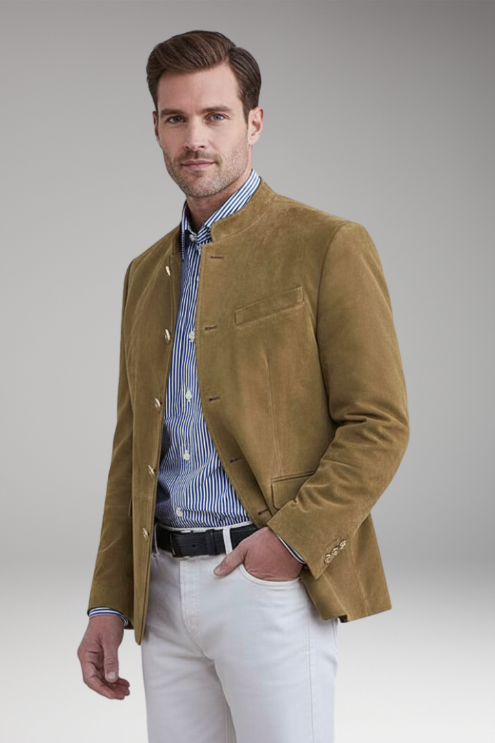 Men's Blazer with Stand Collar and Multiple Pockets