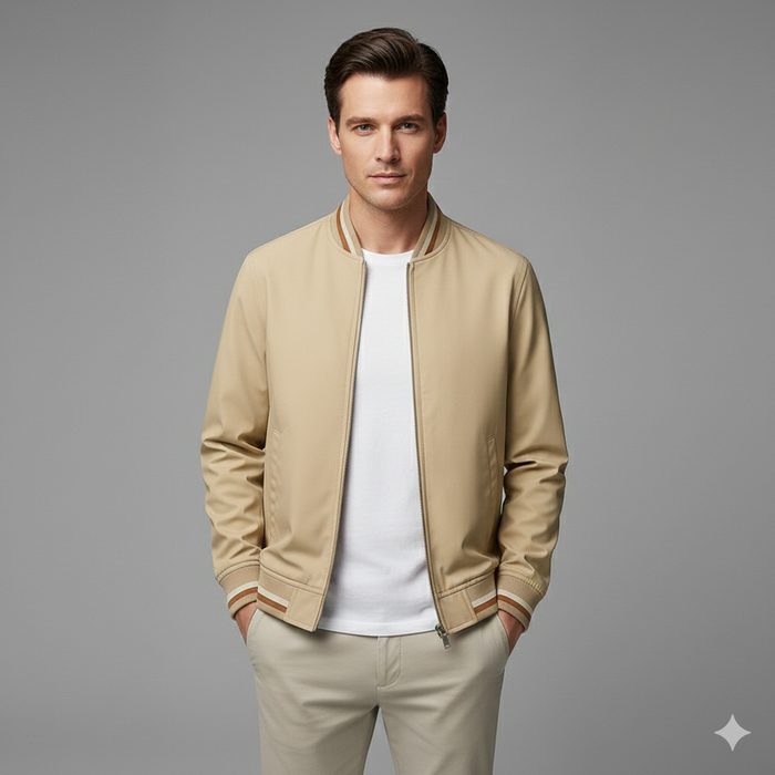 Men's Bomber Jacket with Zip Closure and Ribbed Trim