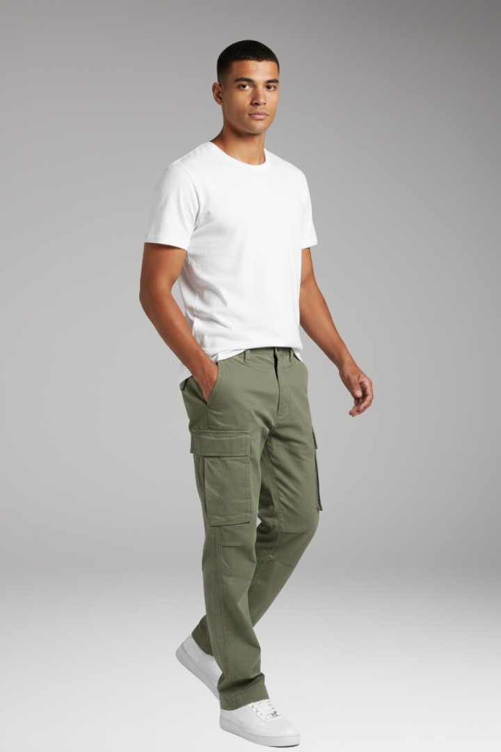 Men's Cargo Pants with Straight Fit and Multi-Pocket Design