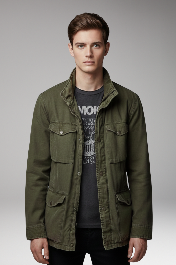 Men's Field Jacket with Hidden Hood and Snap Pockets