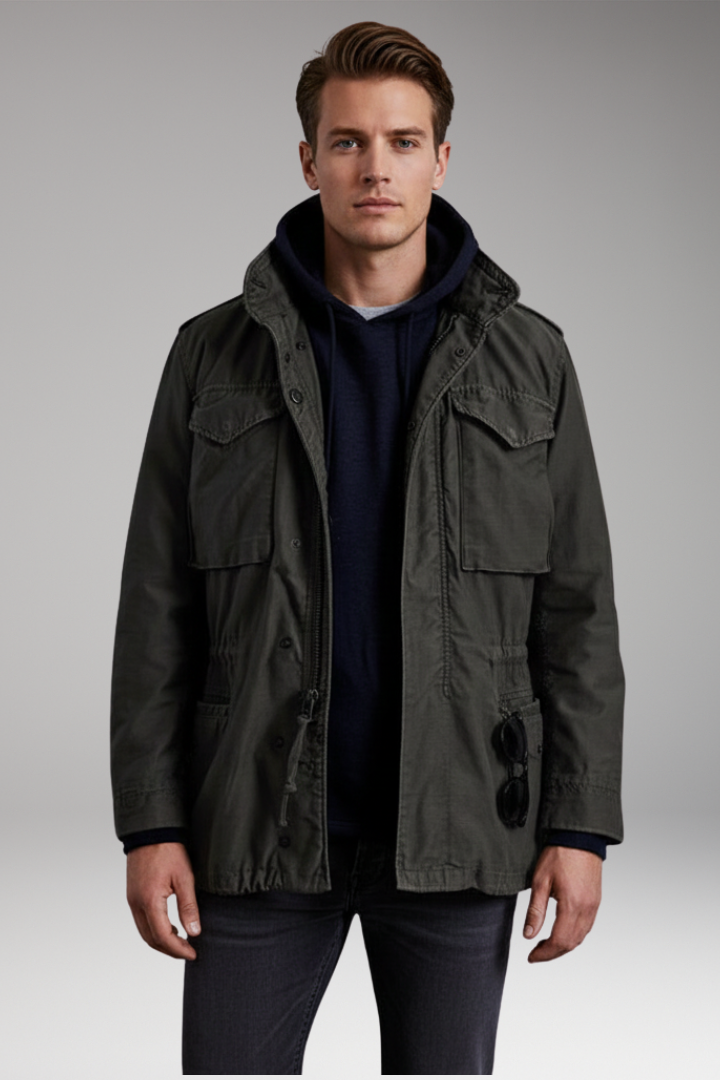 Men's Field Jacket with Hidden Hood and Snap Pockets