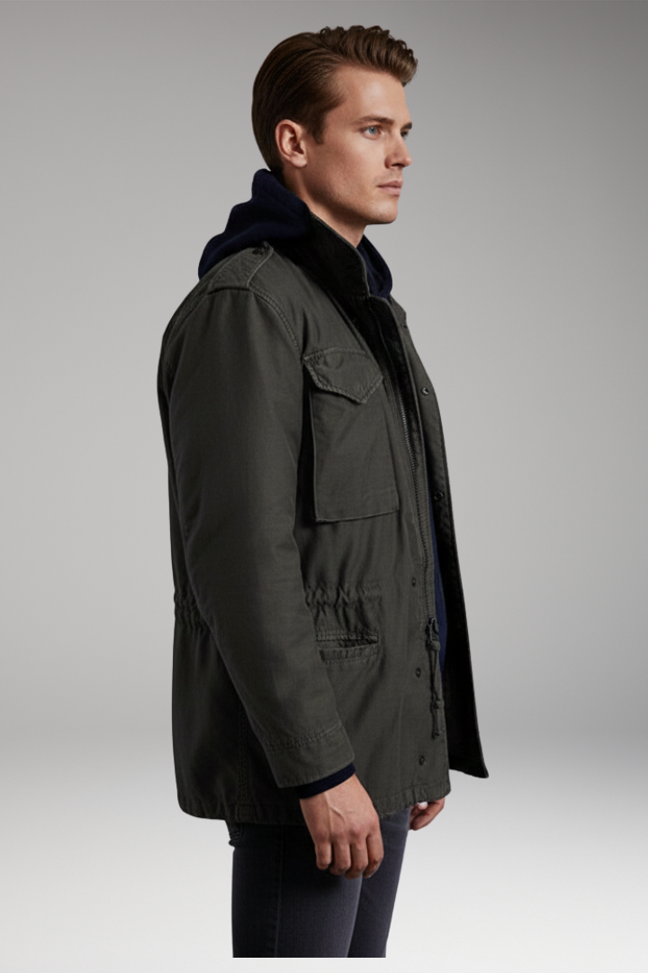 Men's Field Jacket with Hidden Hood and Snap Pockets