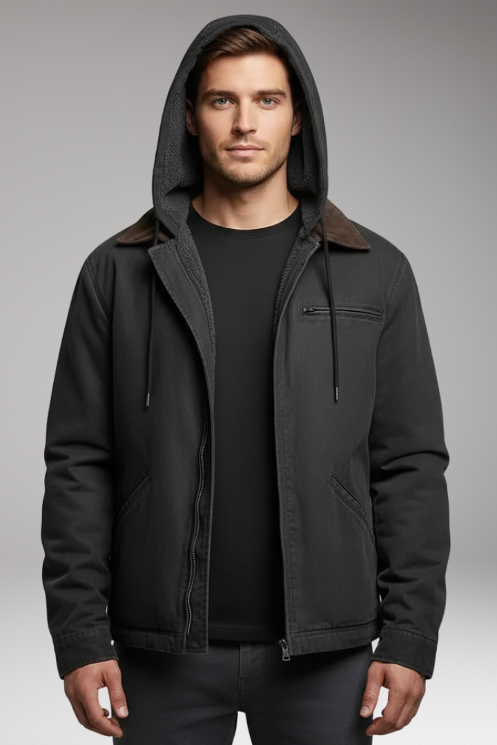 Men's Hooded Jacket with Zipper Closure and Front Pockets