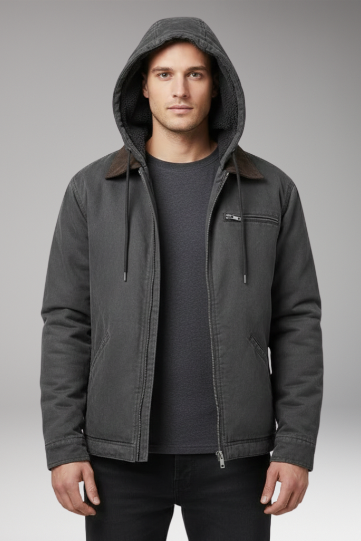 Men's Hooded Jacket with Zipper Closure and Front Pockets