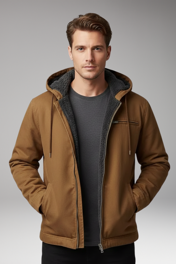Men's Hooded Jacket with Zipper Closure and Front Pockets