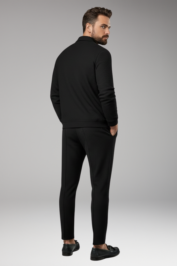Men's Jacket and Pants Set with Lapel Collar and Waffle Surface