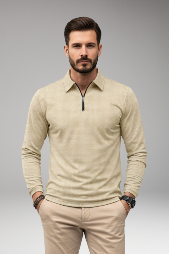 Men's Long-Sleeve Polo Shirt with Zipper and Textured Surface