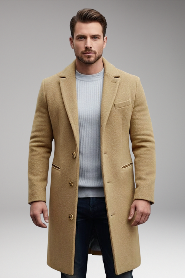 Men's Long Coat with Lapel Collar and Front Button Closure