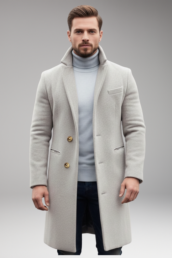 Men's Long Coat with Lapel Collar and Front Button Closure