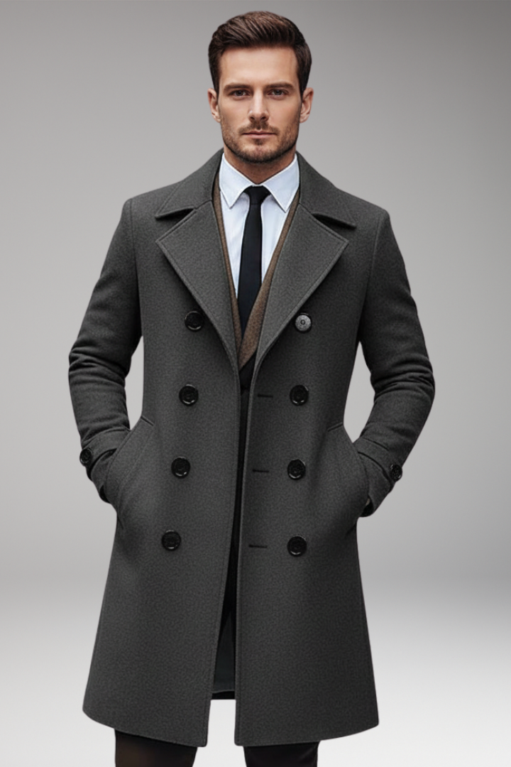 Men's Long Coat with Notch Lapel and Front Button Design