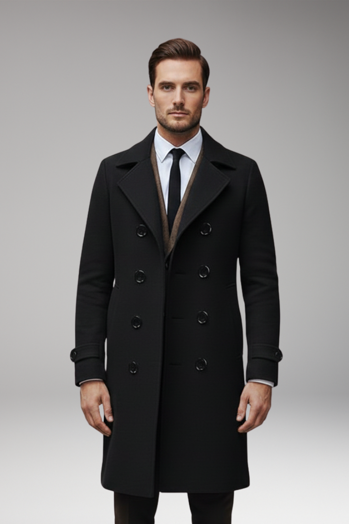 Men's Long Coat with Notch Lapel and Front Button Design