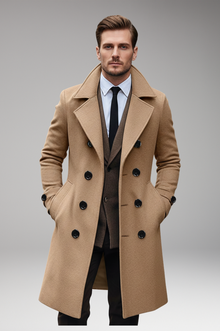 Men's Long Coat with Notch Lapel and Front Button Design
