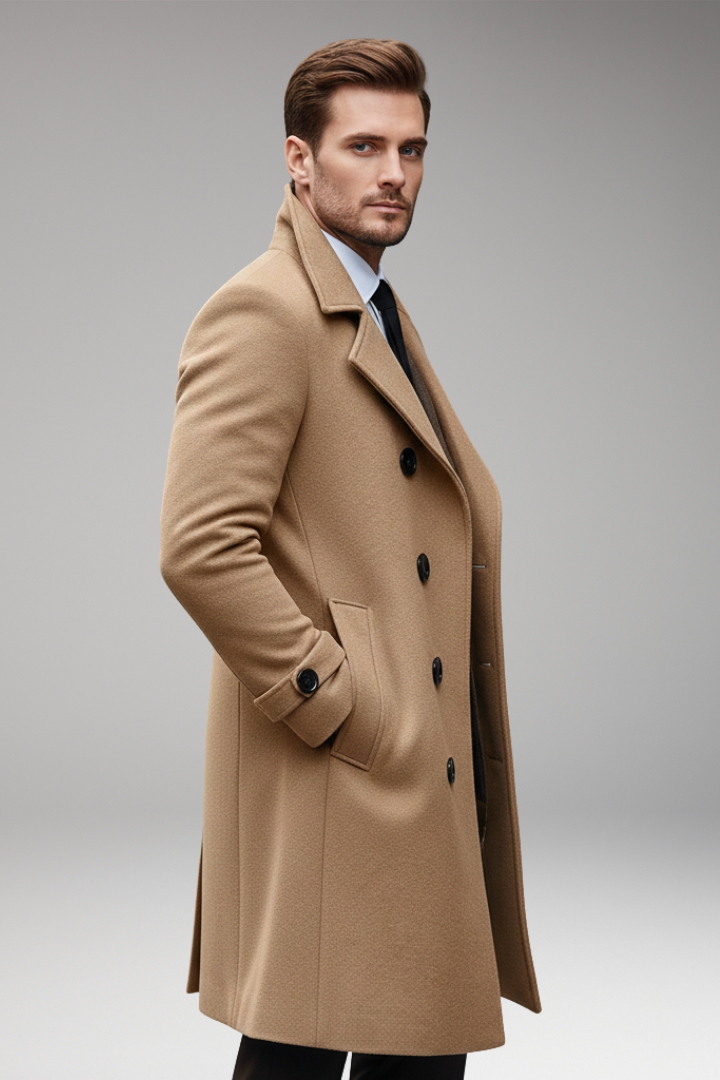 Men's Long Coat with Notch Lapel and Front Button Design