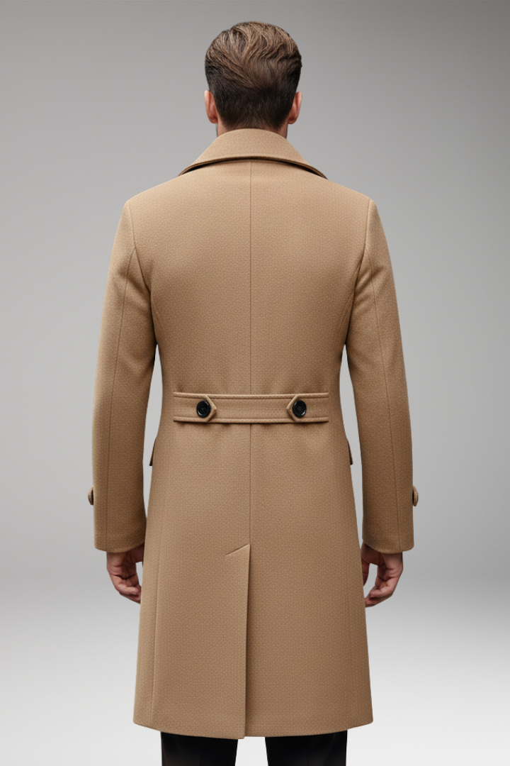 Men's Long Coat with Notch Lapel and Front Button Design