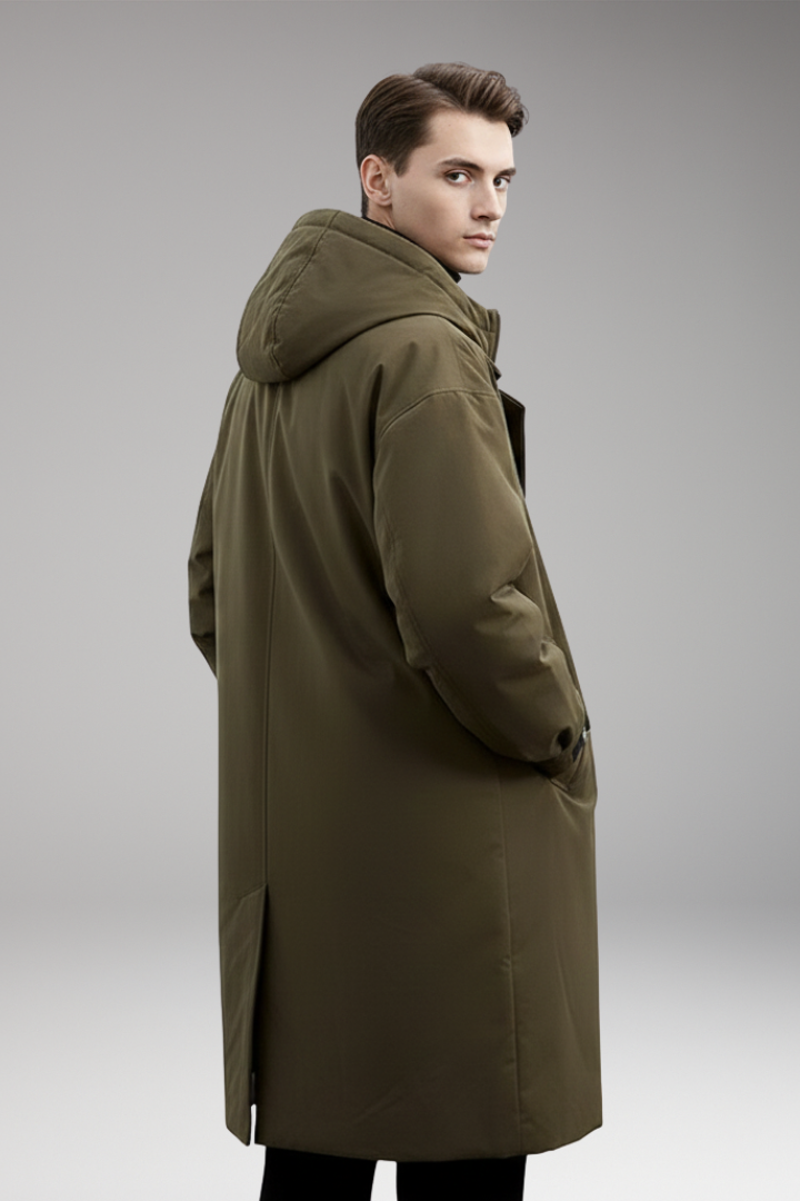 Men's Long Puffer Coat with Hood and Outer Shell for Daily Use