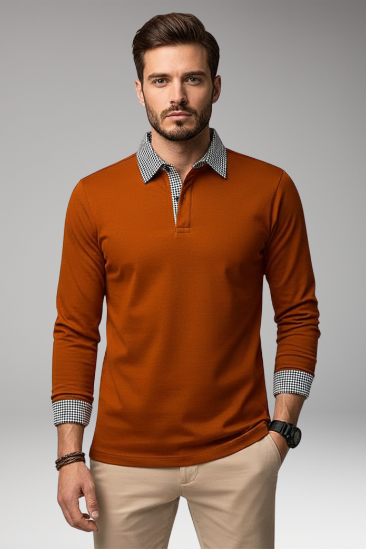 Men's Long Sleeve Polo Shirt with Plaid Patchwork and Button Collar