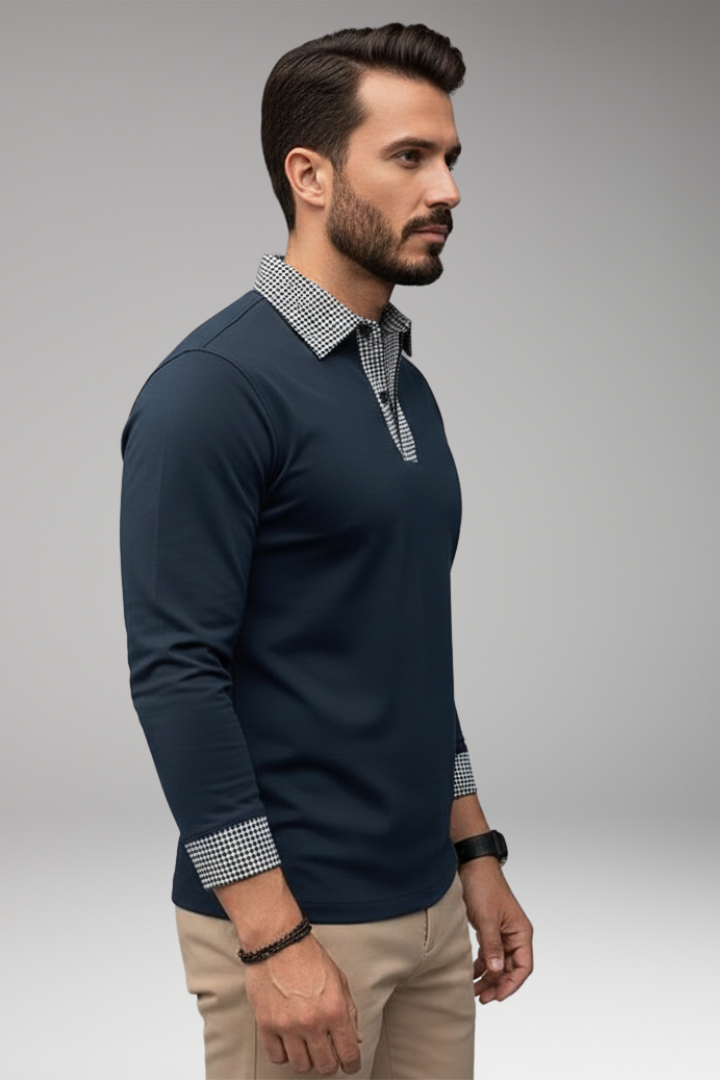 Men's Long Sleeve Polo Shirt with Plaid Patchwork and Button Collar