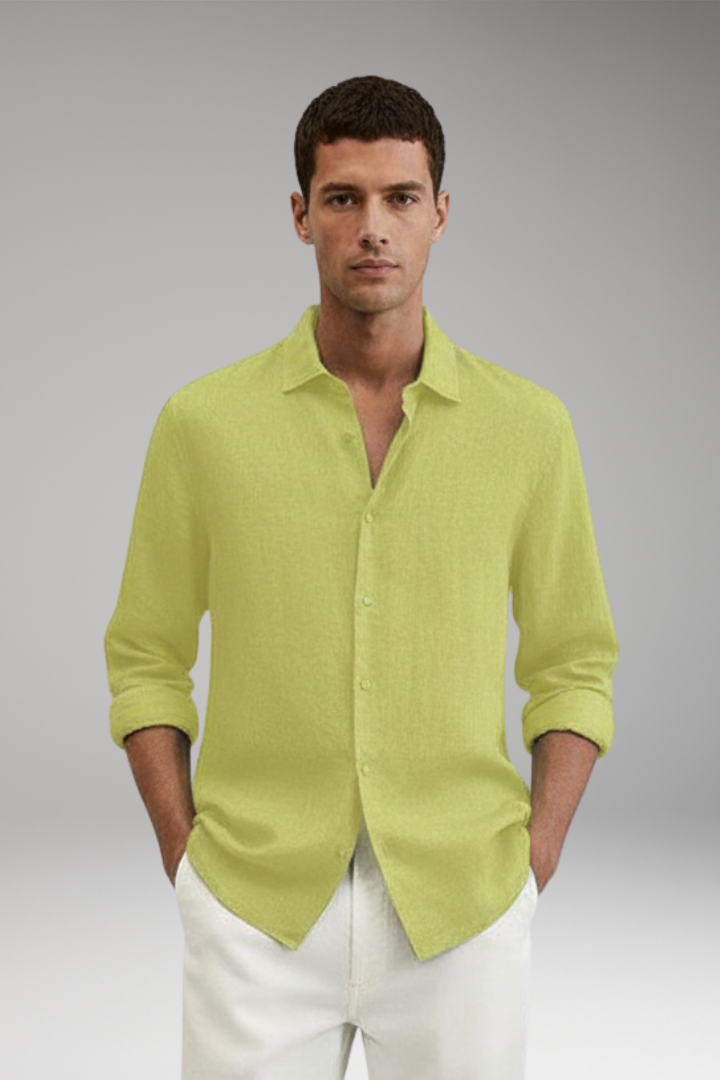 Men's Long Sleeve Shirt with Lapel Collar and Button Closure