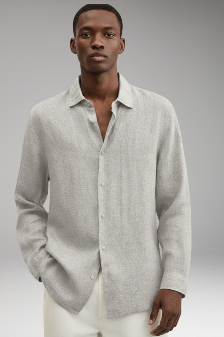 Men's Long Sleeve Shirt with Lapel Collar and Button Closure