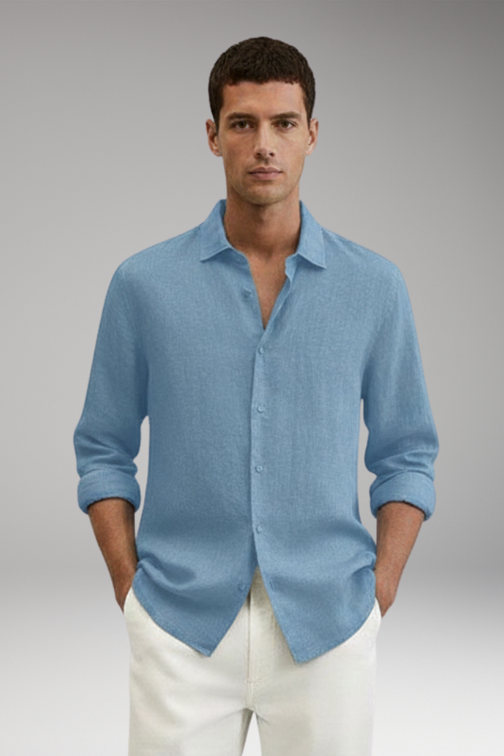 Men's Long Sleeve Shirt with Lapel Collar and Button Closure