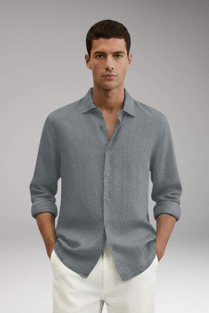 Men's Long Sleeve Shirt with Lapel Collar and Button Closure