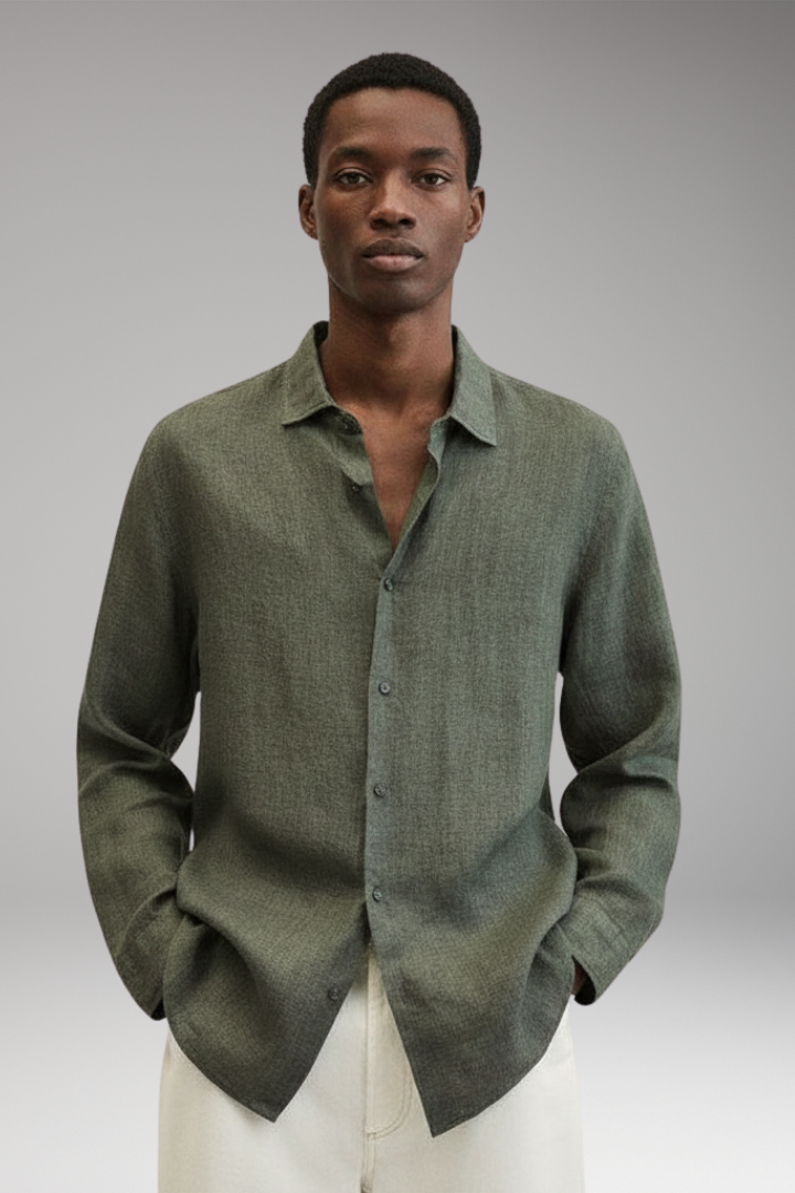 Men's Long Sleeve Shirt with Lapel Collar and Button Closure