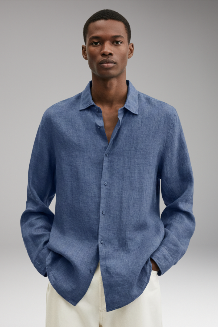Men's Long Sleeve Shirt with Lapel Collar and Button Closure