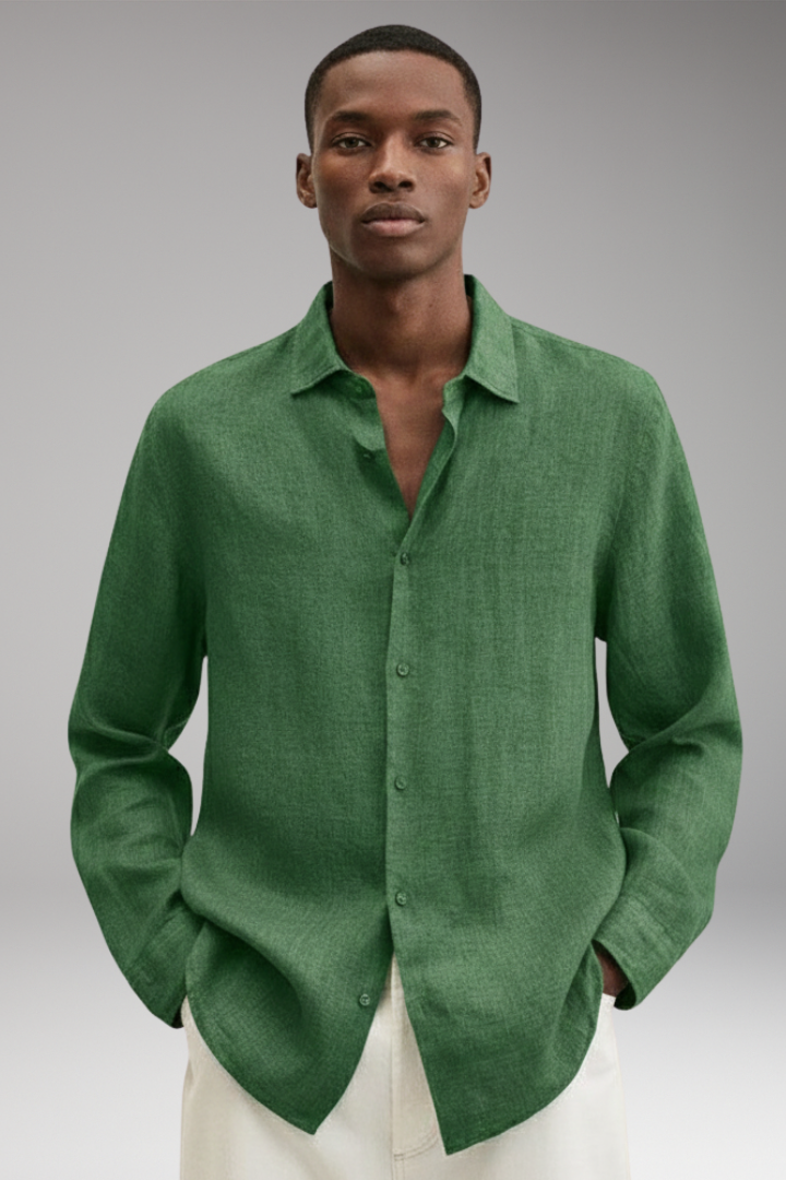 Men's Long Sleeve Shirt with Lapel Collar and Button Closure