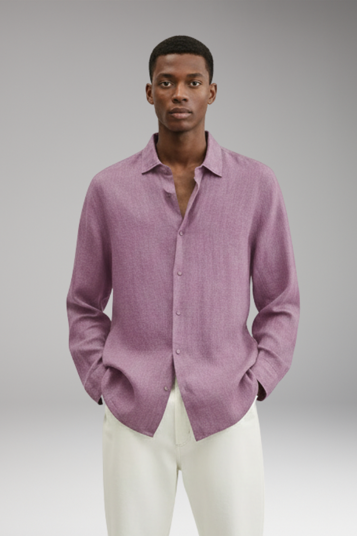 Men's Long Sleeve Shirt with Lapel Collar and Button Closure