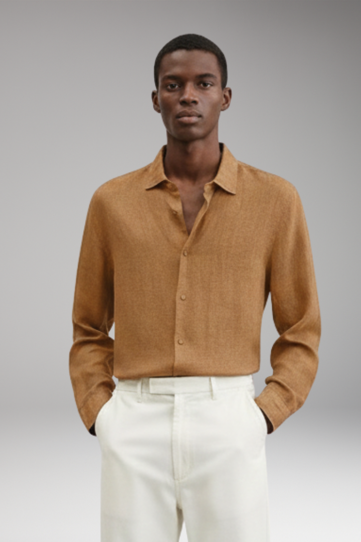 Men's Long Sleeve Shirt with Lapel Collar and Button Closure