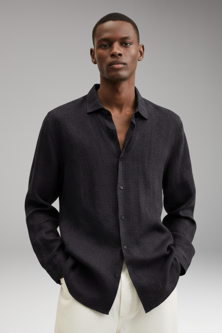 Men's Long Sleeve Shirt with Lapel Collar and Button Closure