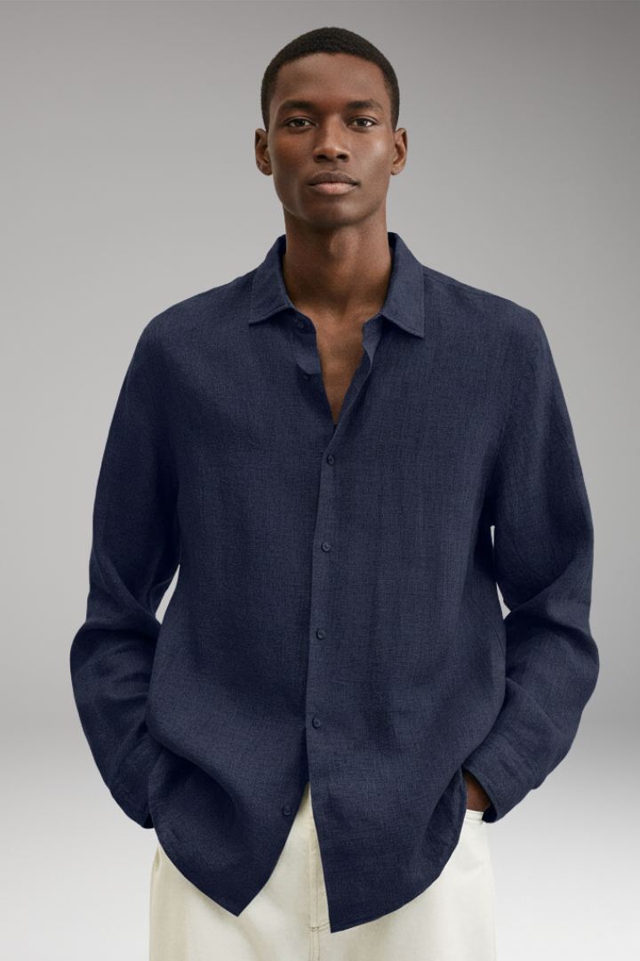 Men's Long Sleeve Shirt with Lapel Collar and Button Closure
