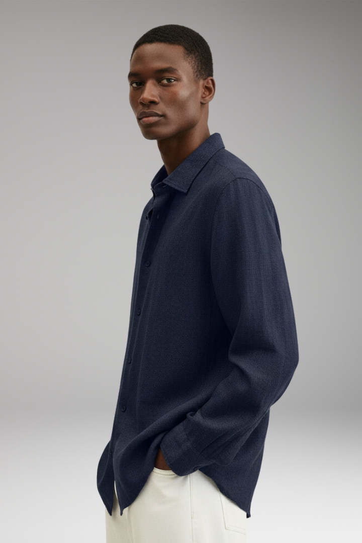 Men's Long Sleeve Shirt with Lapel Collar and Button Closure