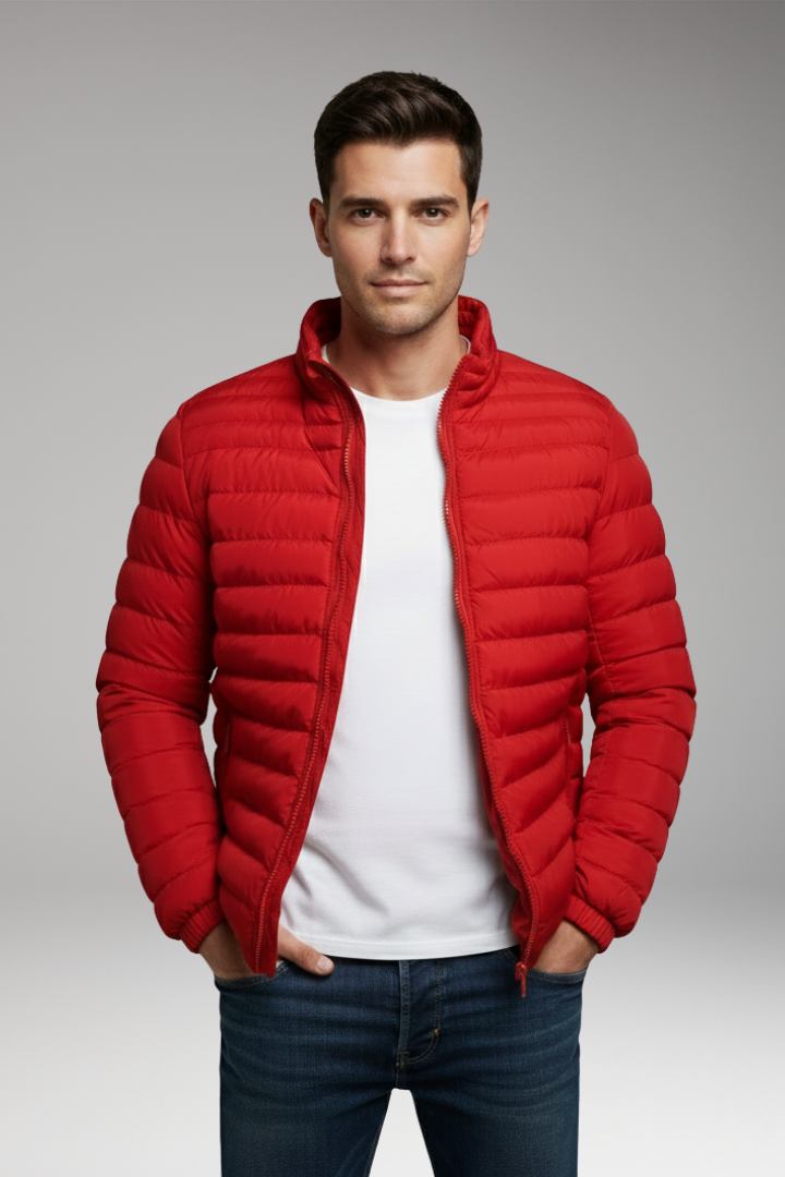 Men's Padded Jacket with Stand Collar and Long Sleeves