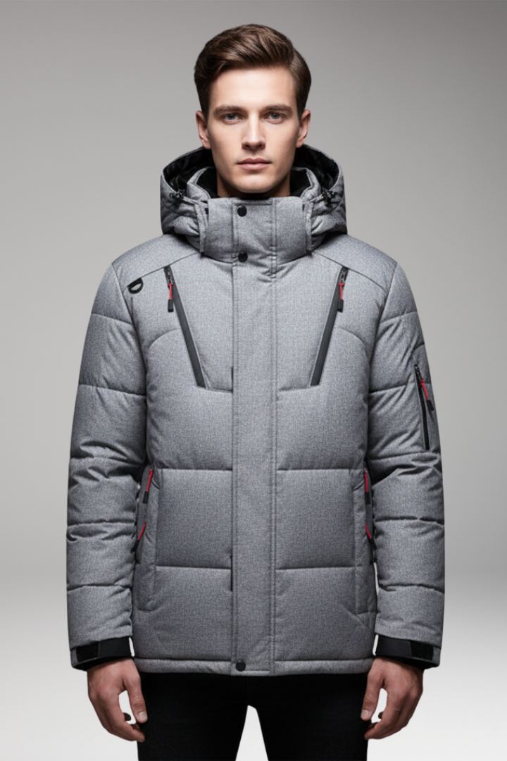 Men's Parka Jacket with Adjustable Hood and Zipper Closure