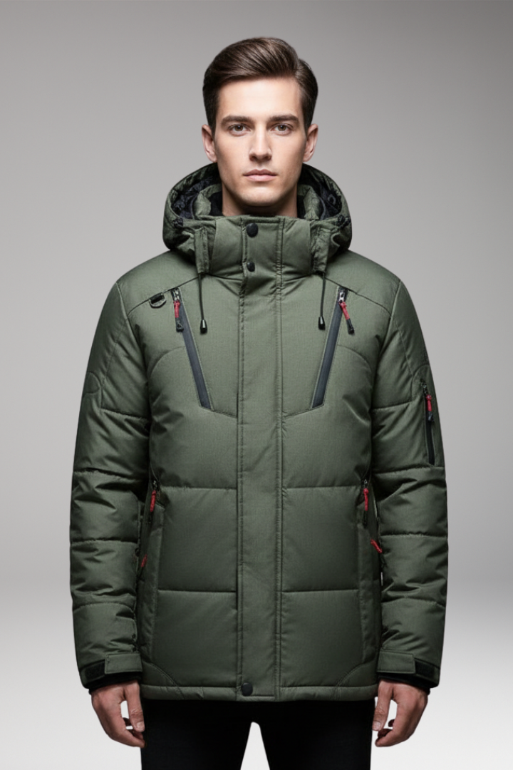 Men's Parka Jacket with Adjustable Hood and Zipper Closure